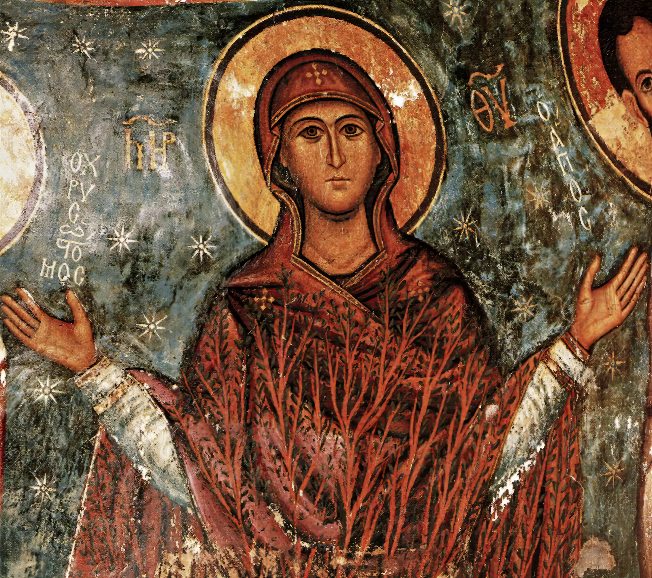 Sinai Burning Bush UHD fresco showing the Theotokos against starry background, Byzantine art from Mount Sinai