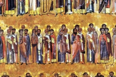 Sinai Menologion Byzantine illuminated manuscript showing ranks of saints against gold ground