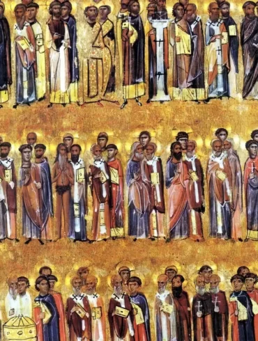 Sinai Menologion Byzantine illuminated manuscript showing ranks of saints against gold ground