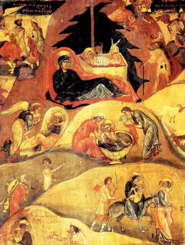 Sinai Monastery Nativity Icon showing the birth of Christ with angels and shepherds