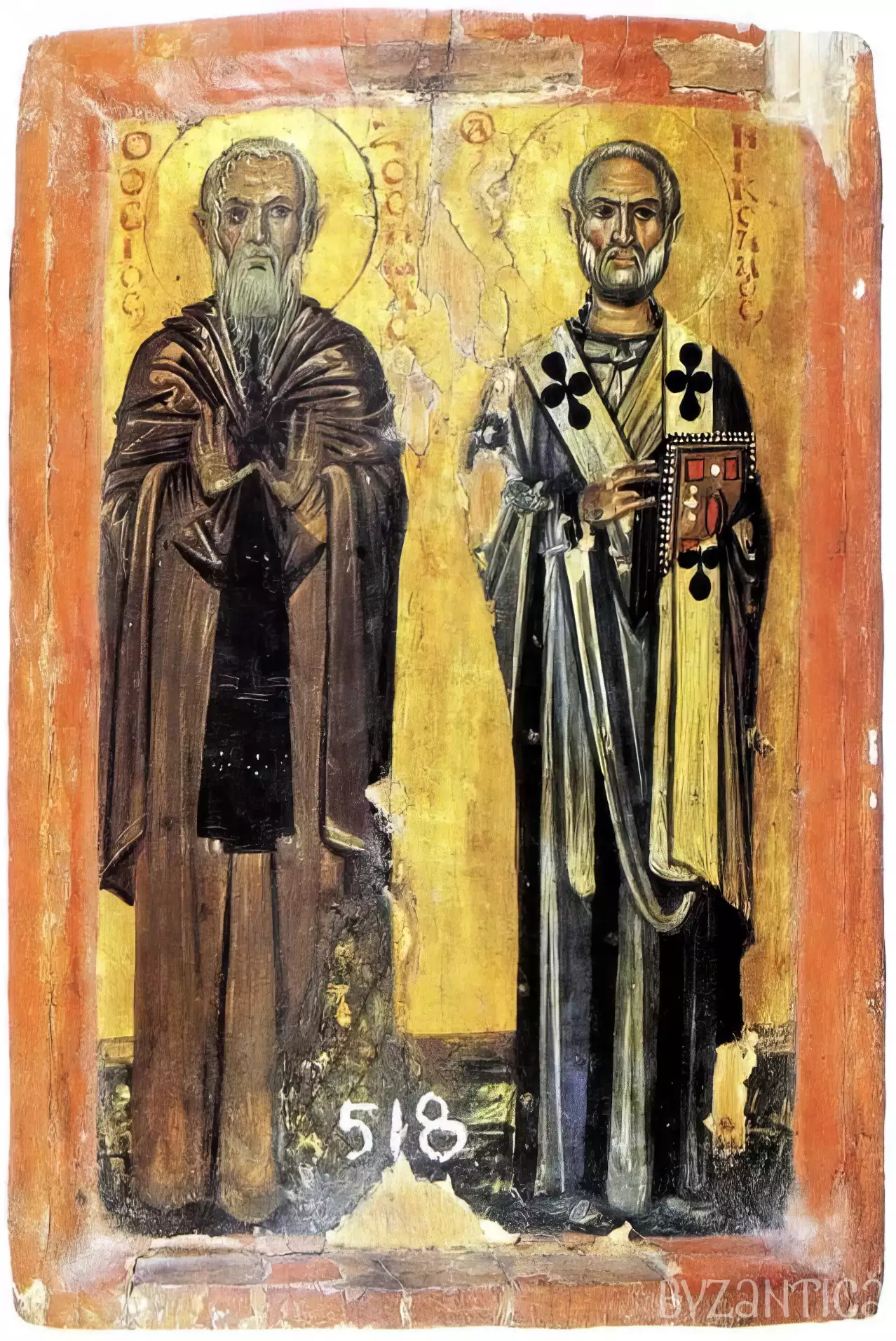 Transcendent portrayal of monastic sanctity embodied through the contemplative poses of Saints Zosimas and Nicholas, their weathered faces illuminated by masterful gold leaf application against the sacred depths of tenth-century Byzantine artistry.