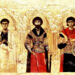 Templon Saints Deesis Byzantine icon showing three saints against gold background in UHD from Hermitage Museum collection