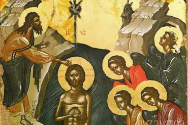 Theophanes Christ Baptism icon detail showing attending angels with rich gold highlights and deep colors