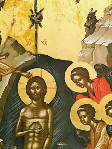 Theophanes Christ Baptism icon detail showing attending angels with rich gold highlights and deep colors