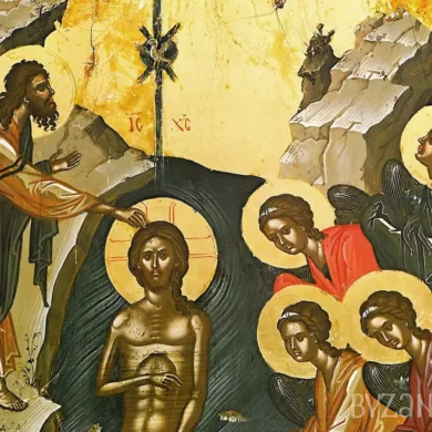 Theophanes Christ Baptism icon detail showing attending angels with rich gold highlights and deep colors