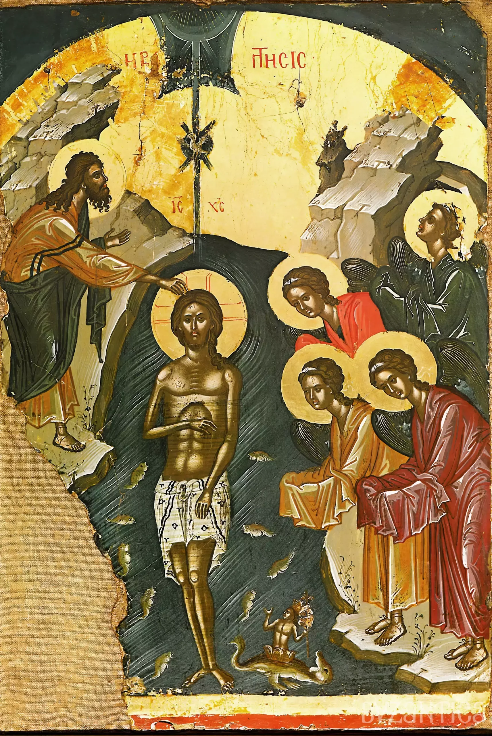 Theophanes Christ Baptism complete icon from Stavronikita Monastery showing divine revelation in UHD resolution