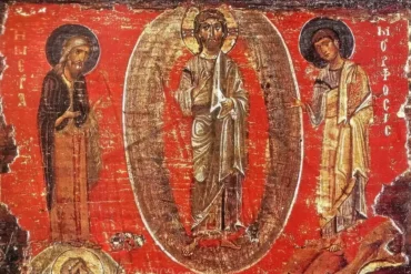 Transfiguration icon in Hermitage detail showing Christ within mandorla, surrounded by prophets, Byzantine sacred artwork