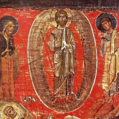 Transfiguration icon in Hermitage detail showing Christ within mandorla, surrounded by prophets, Byzantine sacred artwork