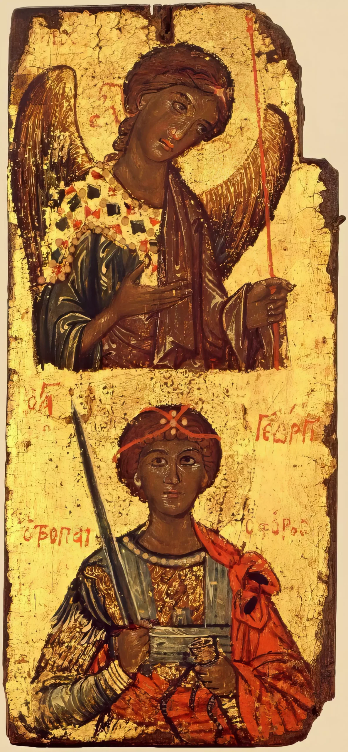 Mount Athos Byzantine icon with detailed view of Saint George in military attire, UHD religious artwork